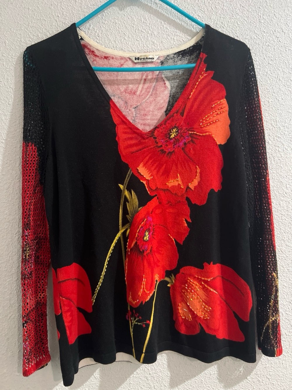 Nygard collection Black/red floral mesh long sleeve blouse with red poppies